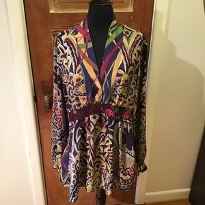 Johnny Was abstract silk smocked waist tunic